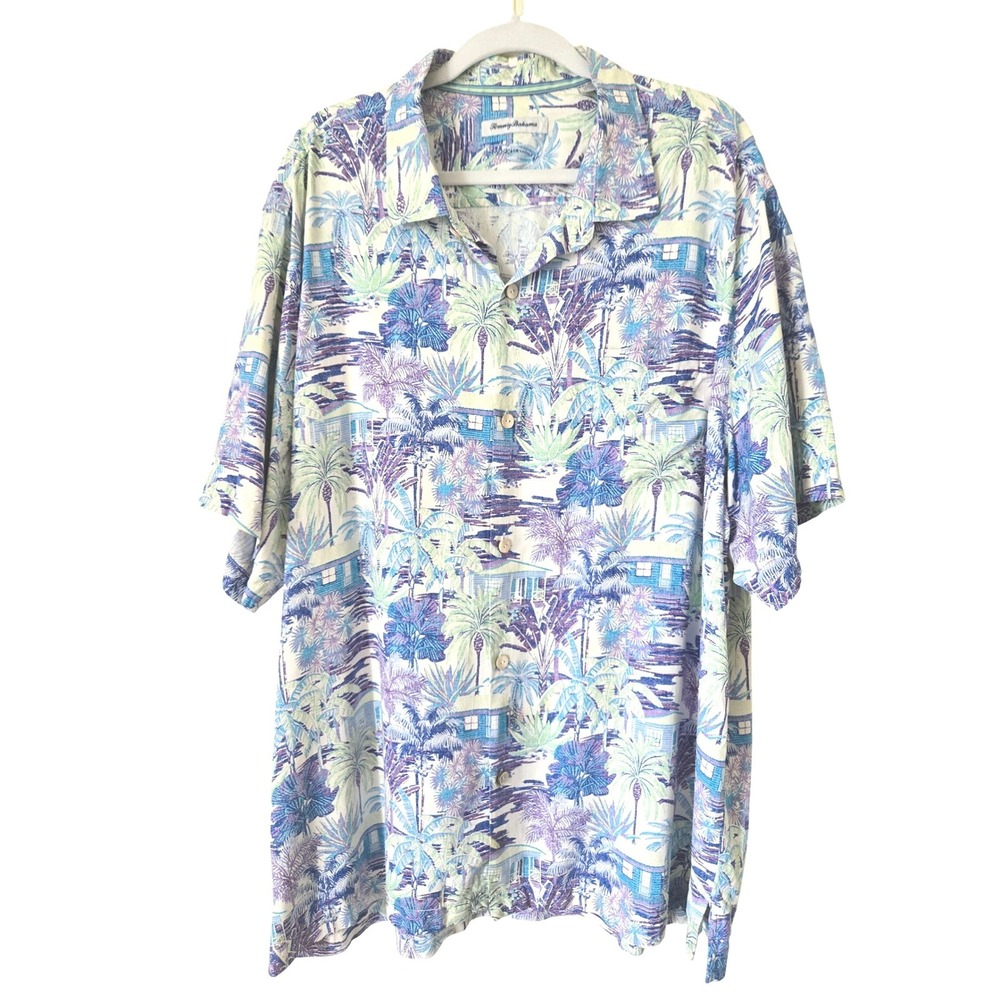 Tommy Bahama Mens XXL Silk Tropical Palm Tree Beach Short Sleeve Shirt Blue